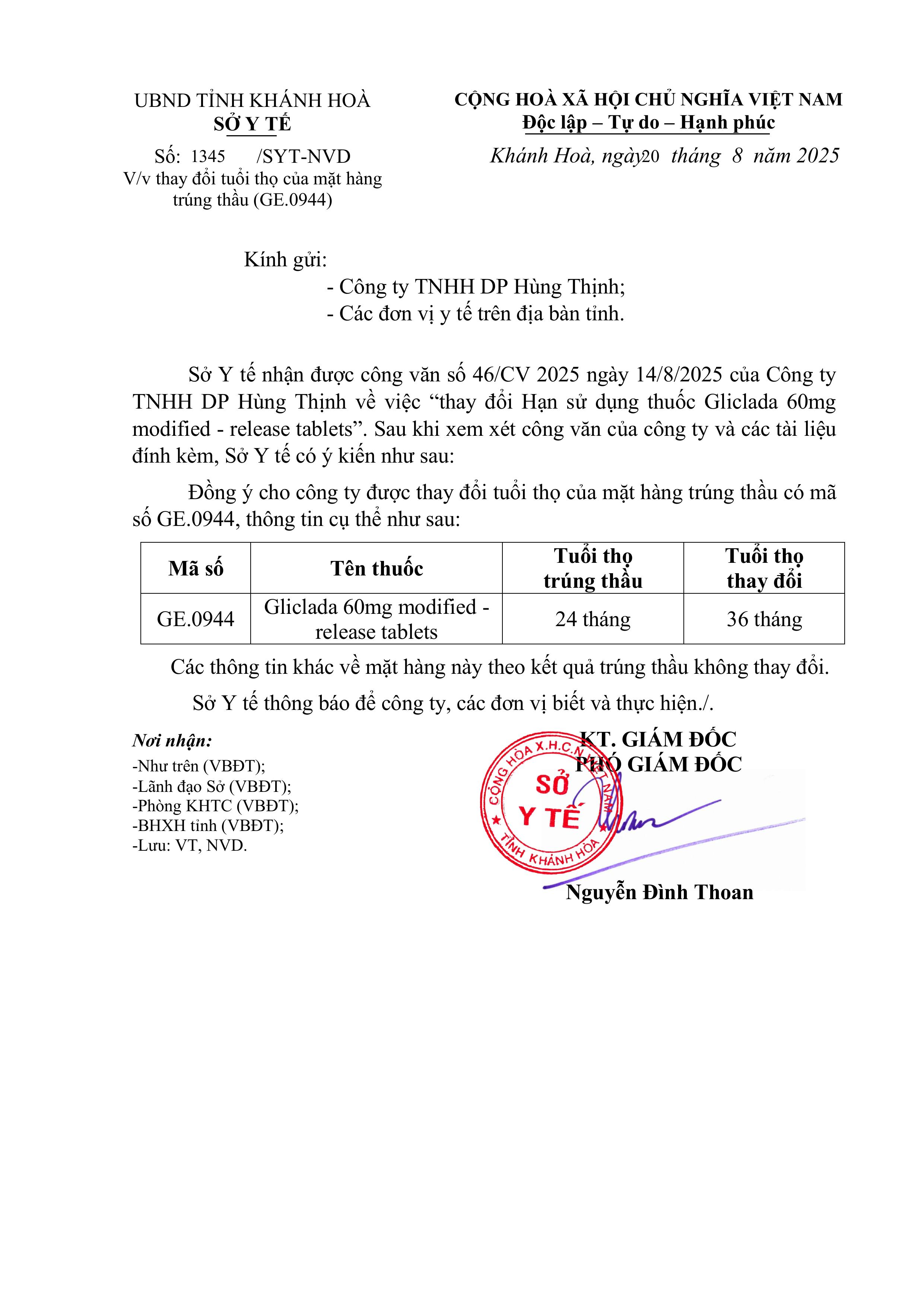 V/v thay đổi tuổi thọ của mặt hàng trúng thầu (GE.0944)